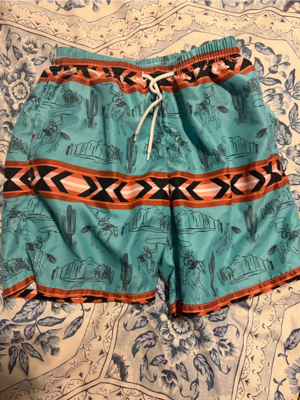 Kids Teal & Orange Swim Trunks with Western Print